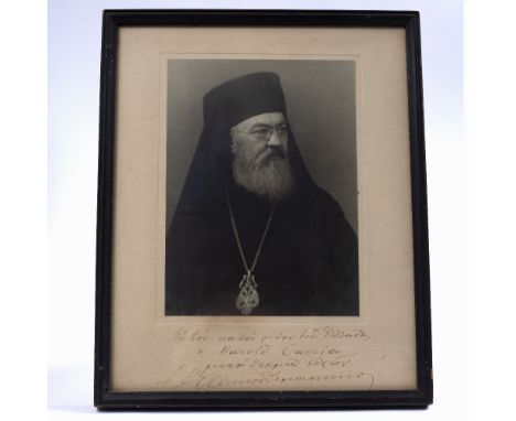 A PHOTOGRAPHIC PORTRAIT of Archbishop Damaskinos Papandreou (1891-1949). Prime Minister of Greece 1945, with four line inscri