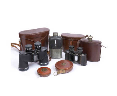 A PAIR OF 'SWIFT AUDUBON' EXTRA WIDE FIELD BINOCULARS Model No. 804, cased; a pair of Zeiss binoculars also cased; two hip fl