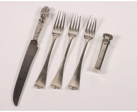 Knipkoker met oorlepeltje annex stoker, voorsnijmes en drie vorken, 18e eeuw, knipkoker, vierkant model met afgeplatte hoeken