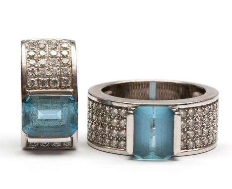 Gübelin, 18kt. witgouden ring en bijpassende hanger, bezet met een trapgeslepen aquamarijn en pavé bezet met diamanten. [2] b