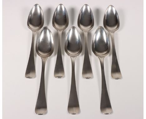 Set van zeven tafellepels, Hollands glad, 1e helft 19e eeuw, mt.  R. Helweg &amp; Zoon Amsterdam 1833, 1e gehalte, en een ext