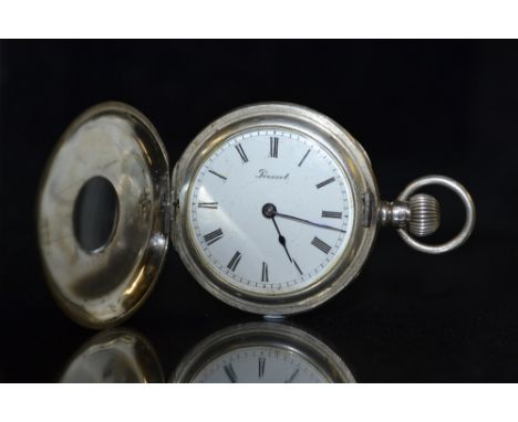 An Edwardian silver half hunter lady's pocket watch, white dial, marked Prescot, Roman numerals, minute track, Button wind La