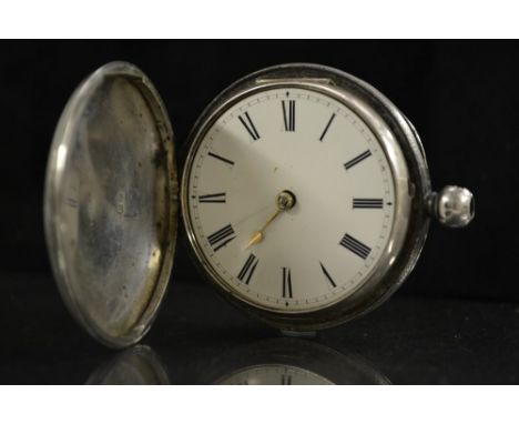 A Victorian silver full hunter pocket watch,  white dial, Roman numerals, minute track, single gold coloured hand, verge fuse