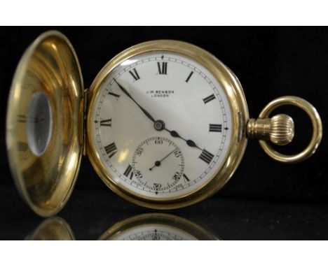 A J W Benson 9ct gold half hunter pocket watch, white dial, bold Roman numerals, minute track, subsidiary seconds, manual but