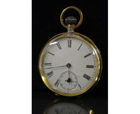 Omega - a 14ct gold open face pocket watch, white, enamel dial, Roman numerals, blued hand, minute track, subsidiary seconds,