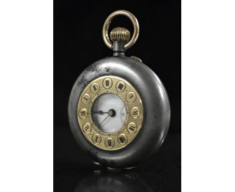 A bi metal half hunter pocket watch, steel case with gold coloured central ring, white dial, Arabic numerals, minute track, s