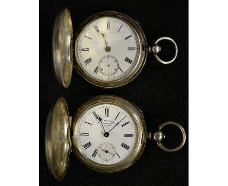 A Victorian silver hunter case pocket watch,  white dial, Roman numerals, minute track, subsidiary seconds, gilt hand, key wi