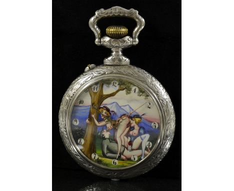 An unusually large erotic dial pocket watch, painted circular dial of a ménage à trois under a tree, inset with Arabic numera