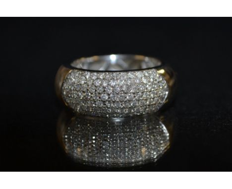 A diamond pave platform ring, hollow 9ct white gold curtain hoop ring, inset with a central pave diamond encrusted panel, tot