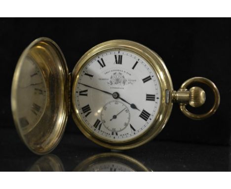 A Thomas Russell & Sons, Elgin gold plated hunter cased pocket watch, white dial, bold Roman numerals, minute track, subsidia