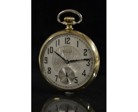 An Elgin Ramona gold plated open faced pocket watch, silvered Art Deco dial, Arabic numerals, minute track, subsidiary second