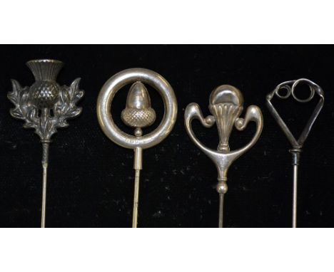 Hatpins - a Charles Horner style silver hat pin. rolling ribbon crest, stamped silver;  a Pearce & Thompson silver acorn ring