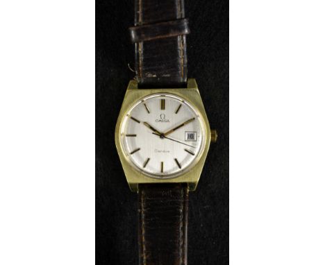 Omega - a vintage gentleman's Omega Geneve gold plated mechanical wrist watch, brushed silvered dial, baton markers, centre s