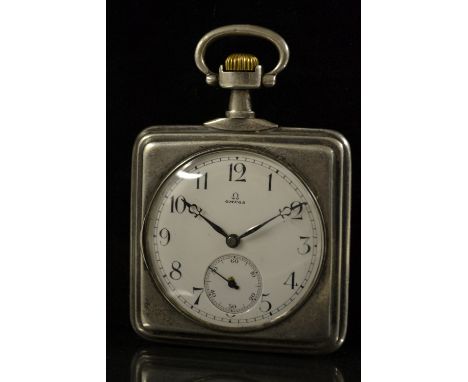 Omega- an unusual silver cased pocket watch, white enamel dial, Arabic numerals, minute track, subsidiary seconds, button win