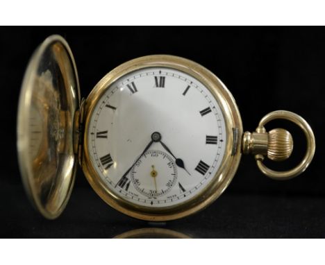 A Dennison gold plated full hunter " Moon" pocket watch, white dial, bold Roman numerals, minute track, subsidiary seconds, b