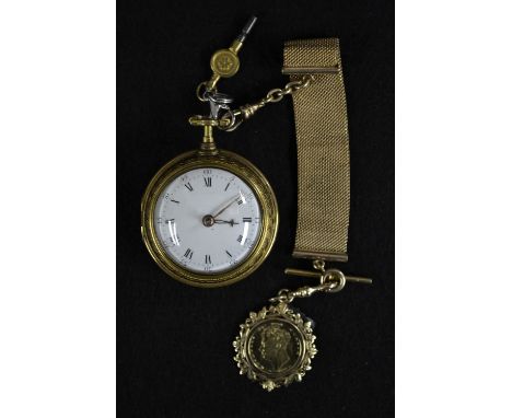 A George II pair cased gilt metal mourning pocket watch, Peter Bacot, London, white enamelled dial, bold Roman numerals, minu