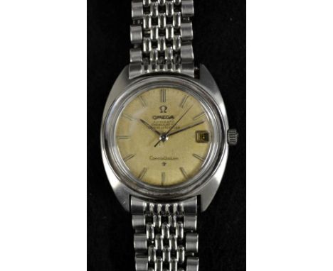 Omega- a stainless steel constellation automatic chronometer wrist watch, textured gilt dial, baton markers, minute track cen