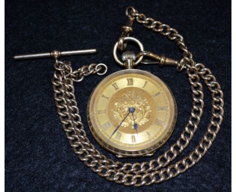 A 12ct gold open face pocket watch,gilt floral dial, raised Roman numerals, minute track, blued hands, button wind movement, 