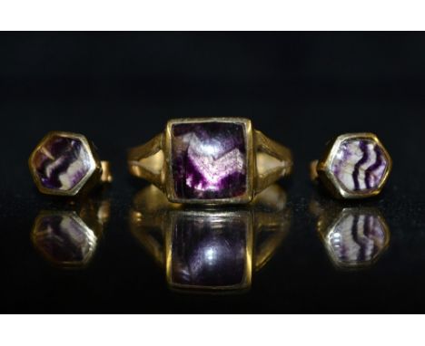 A Blue John solitaire ring, single square cabochon blue John panel, 9ct gold rub over mount, 9ct gold shank, size O, Sheffiel