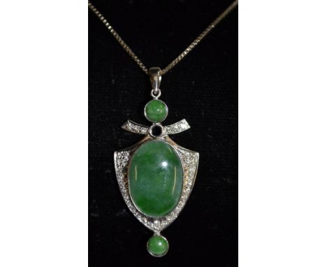 A jade and diamond arrow head pendant, oval green jade cabochon, within a 14ct white mount encrusted with thirty six round cu