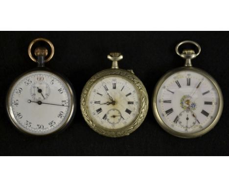 A continental white metal Nova open face pocket watch, pink and white two tone dial, bold Roman numerals, gold coloured dot b
