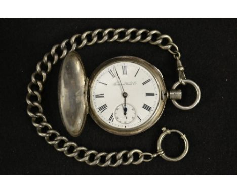 A Tavannes Watch Co continental silver and Niello full hunter pocket watch and conforming chain, white dial, bold Roman numer