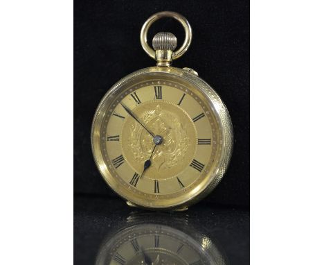 A Continental 18ct gold open face pocket watch, floral engraved gilt dial, Roman numerals, minute track,blued hands, button w