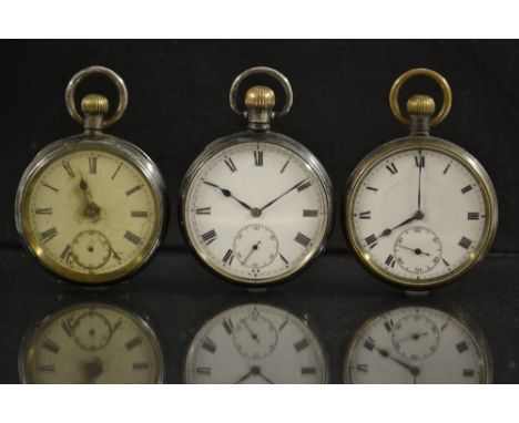 A George V silver open face pocket watch,  white dial, Roman numerals, minute track, subsidiary seconds, blued hands, button 