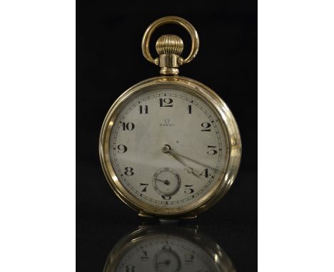 Omega  - a 10ct rolled gold open face pocket watch, silvered dial, Arabic numerals, minute track, subsidiary seconds, button 