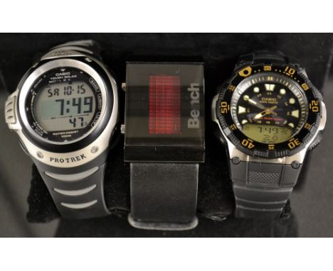 A Casio Sport Tough Solar Pro Trek digital wrist watch, two tone case, rubber strap,No 3022, PRG-100 ; another, Wave Ceptor I