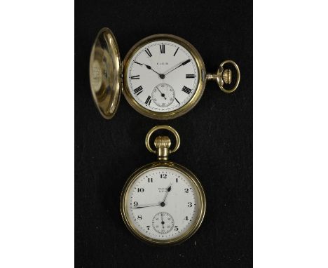 An Elgin gold plated full hunter case pocket watch,  white dial, bold Roman numerals, minute track, subsidiary seconds, blued