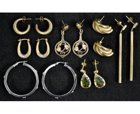 A pair of 15ct gold tubular drop earrings, 2.2g;  a pair of 9ct yellow and white gold hoops; a pair of simulated black opal d