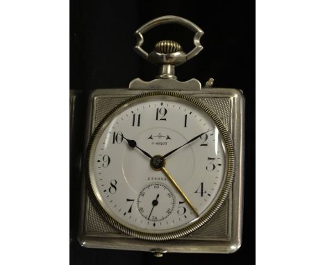 An unusual Eterna square cased silver alarm pocket watch, white dial, Arabic numerals, minute track, subsidiary seconds, No 4