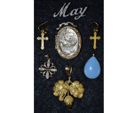 A 9ct gold and diamond floral pendant;  others turquoise enamel teardrop; Acorn;  a pair of 9ct gold cross earrings;  an whit