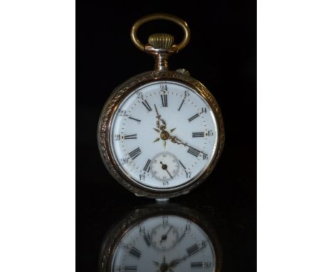 A fancy 800 silver and rose coloured bi metal cased open face pocket watch, blue and white dial, Roman and Arabic numerals, m