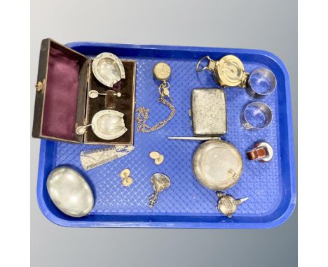 A collection of items including a silver plated snuff box, a pair of 9ct yellow gold cufflinks, horseshoe shaped salts and sp