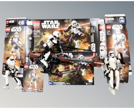 Three Lego Star Wars buildable figures, 75108 Clone Commander Cody, 75114 First Order Storm Trooper, 75532 Scout Trooper and 