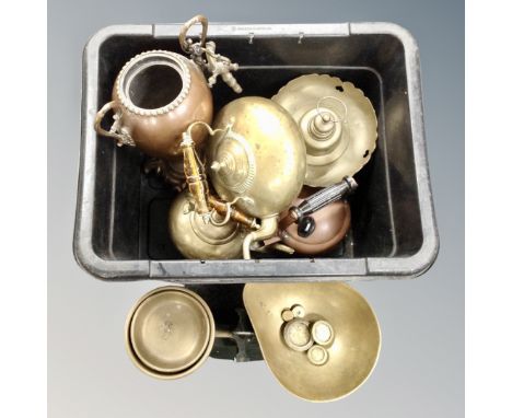 A box containing antique and later metal wares including a Victorian copper samovar with tap (no lid), copper kettles, kitche