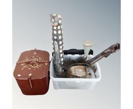 A vintage hand painted wooden caddy together with a further box containing wooden carving, tribal mask and walking sticks.