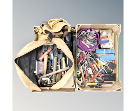 Two boxes containing a holdall and tool belt together with a large quantity of assorted hand tools and accessories.