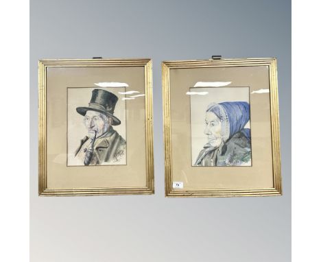 B Stickenberg : Portrait of a gentleman smoking a pipe, watercolour, 21cm by 28cm, together with a companion piece. (2)
