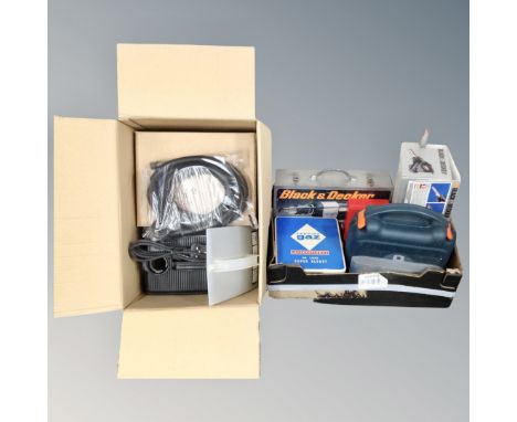 A wallpaper stripper together with a box of tools including Black and Decker drill, electric saw, camping gas set etc.