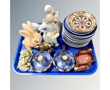 A tray containing Copenhagen blue and white plates, two Royal Crown Derby dishes, a Rouge Royale Carlton ware ashtray, Nao go