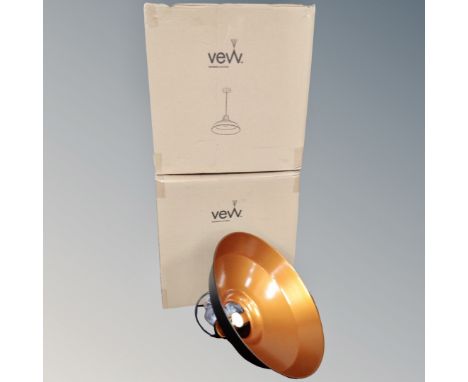 A pair of VEW black and copper pendant light fittings, boxed.
