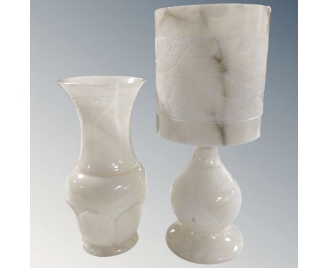 An alabaster table lamp with shade (height 42cm), together with a further alabaster table lamp. (AF)