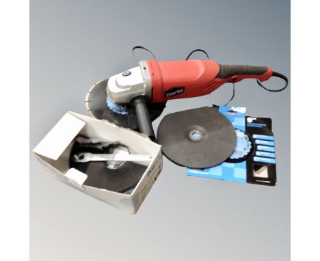 A Clark angle grinder with diamond cutting blade etc.