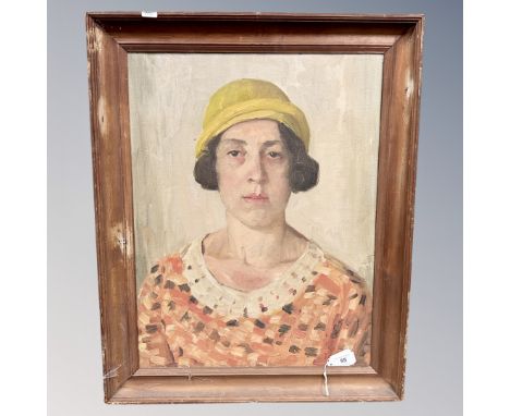 Danish School : Portrait of a lady wearing a yellow hat, oil on canvas, 39cm by 52cm.