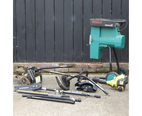 A collection of power tools, to include a Bosch shredder, a Ryobi  strimmer and accessories, together with a Ransoms lawn mow