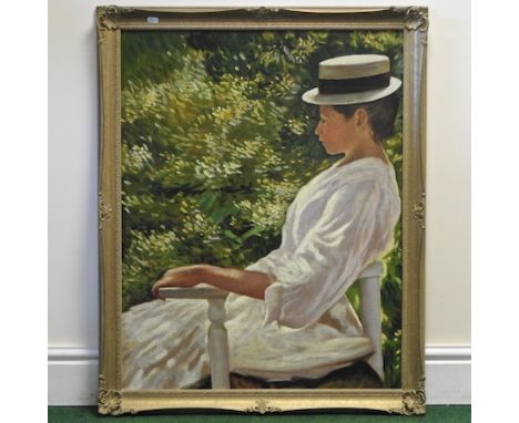 French school, 20th century, portrait of a lady seated, oil on board, 85 x 66cm