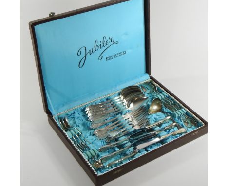 An early 20th century canteen of Polish silver cutlery, comprising of six table spoons, six table forks, six table knives, si